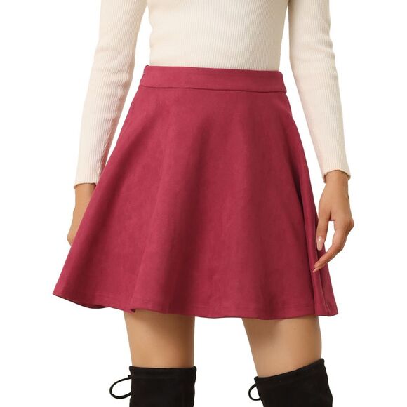 Faux Suede Aline Flare Mini Skirt Red - Picture 1 of 5